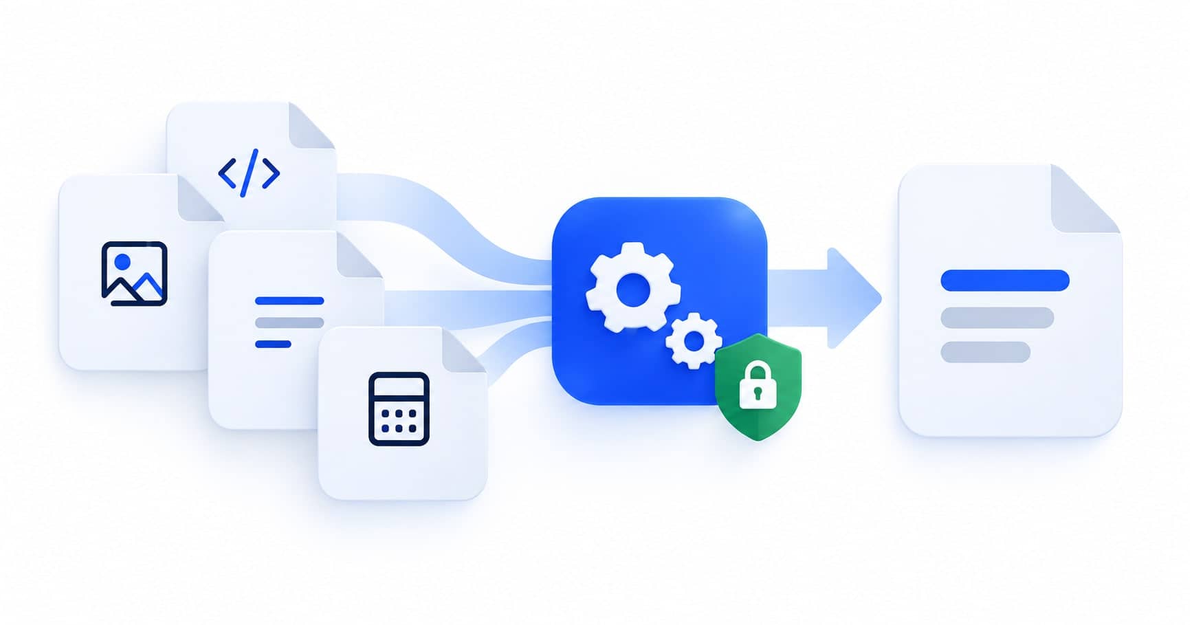 Files flowing through a private local processing workspace into a finished document